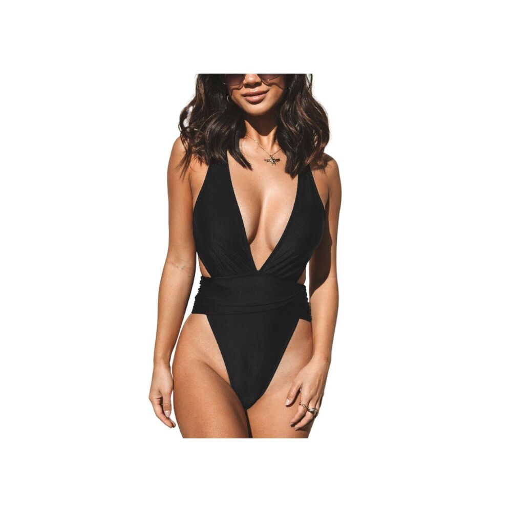 Women's Mindful Solids Plunge One Piece Swimsuits - Black